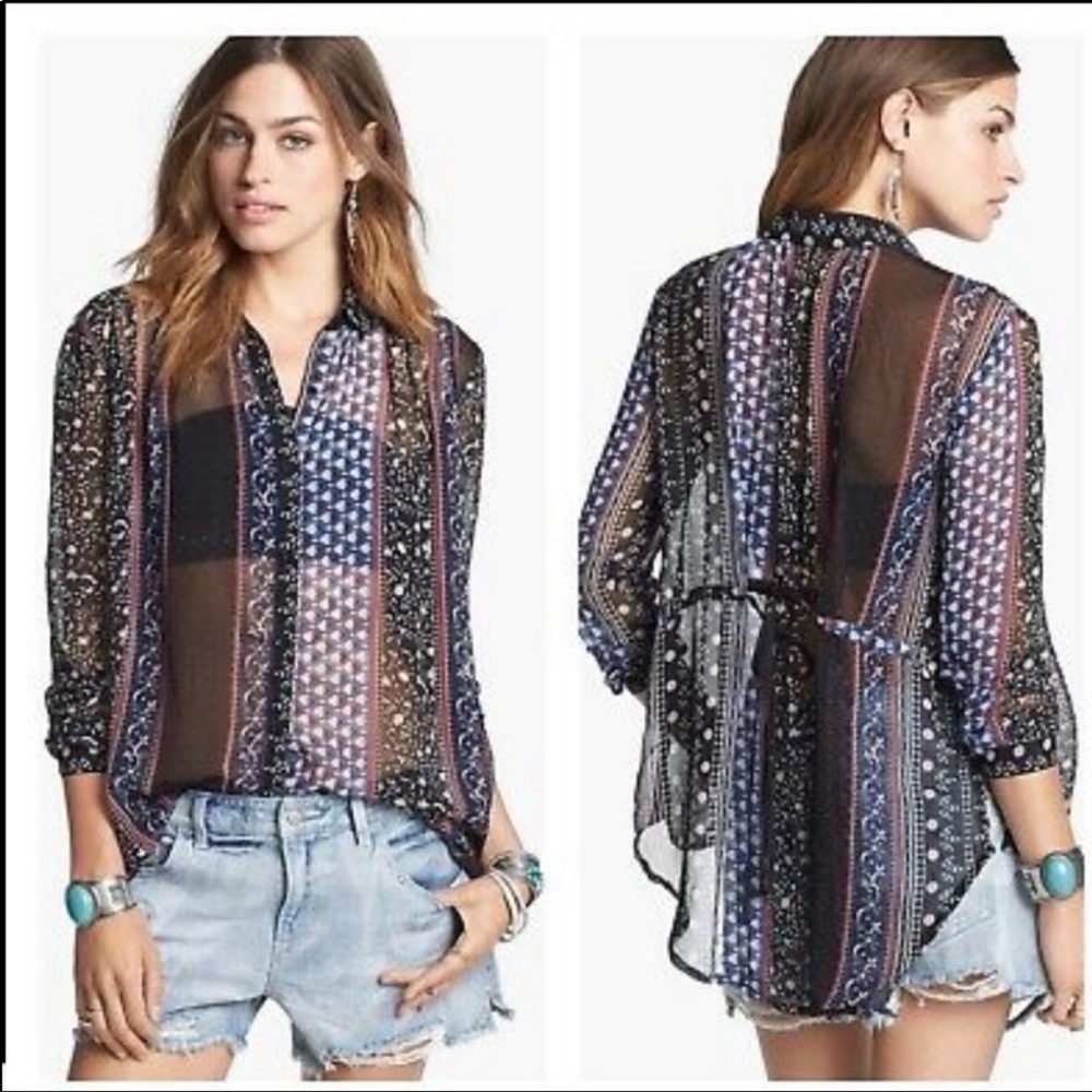 Free People Moonlight Mile Sheer Tie Back Blouse Medium